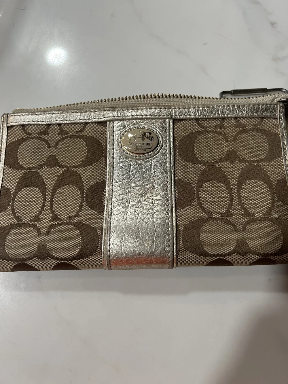 Coach Metallic Trim Signature Canvas Wristlet - Brown/Gold